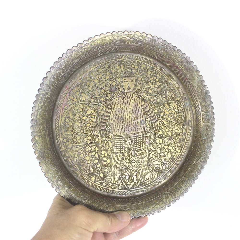Small Intricately Engraved or Etched Brass Tray Dish with Scalloped Edge Vintage